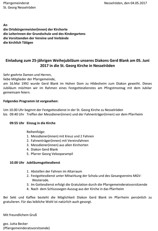 Einladung Zum Diakonjubilaum Von Gerhard Blank